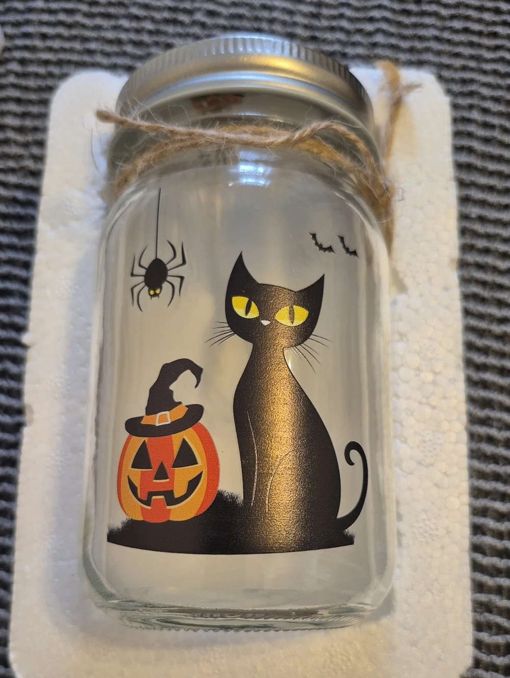 Halloween Black Cat Mason Jar with Pumpkin Graphic